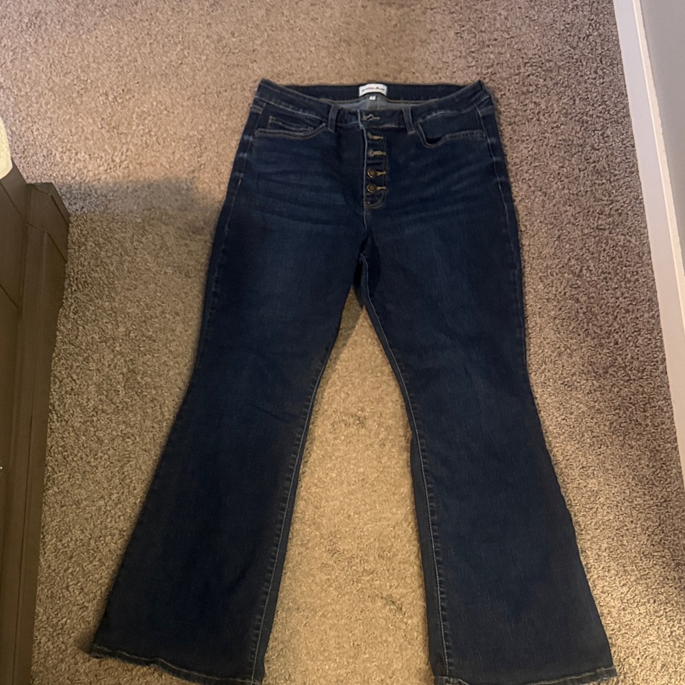 High-Rise Dark Indigo Flare Jeans with Button-Fly. Worn once